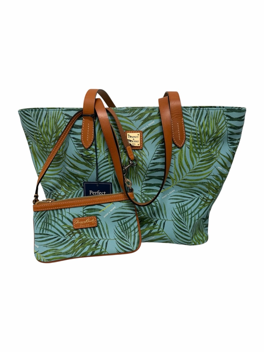 Dooney & Bourke Palm Leaves Aqua/Green Leather Tote Handbag